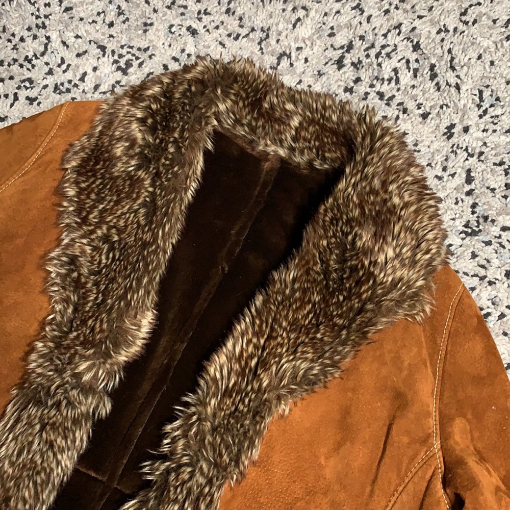 Marvin Richards Vintage Brown Leather Lined Fur Trim Long Coat XL - Picture 6 of 13
